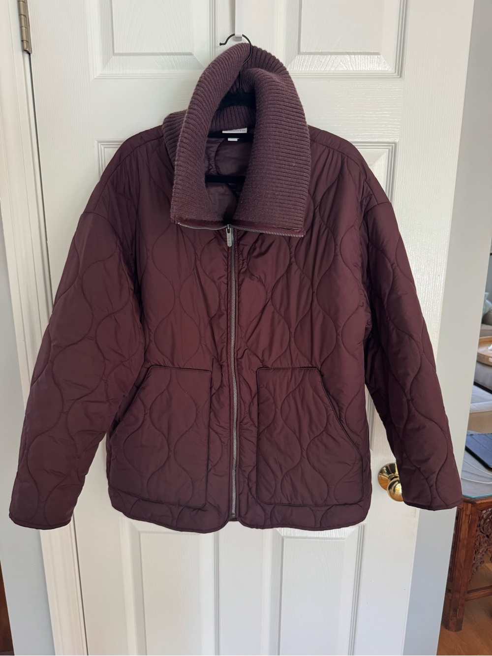 Zella Cozy Quilted Puffer Jacket with knit neck in Purple Plum